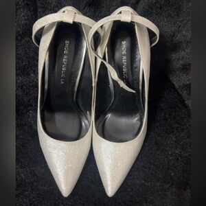 Shoe Republic LA Silver Glitter Pointed-Toe Ankle Strap Heels